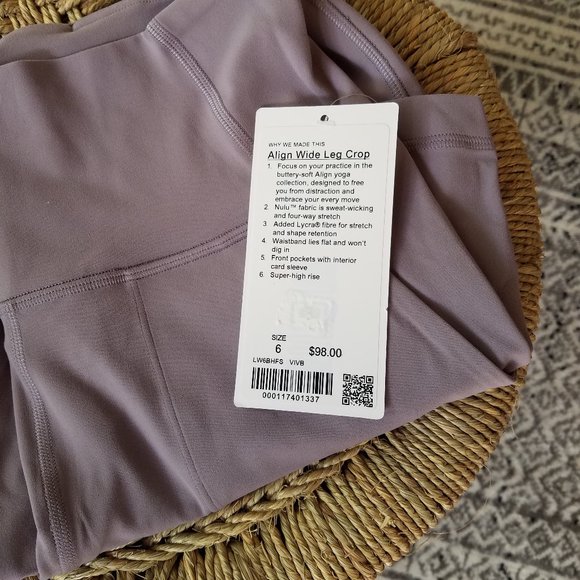 Light purple new  NWT Lululemon Align Wide Leg Crop Size 6 Violet front pockets - Picture 3 of 5